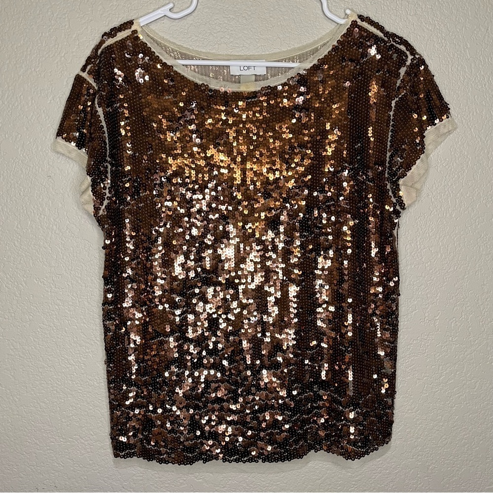 Ann Taylor LOFT Bronze and Cream Sequin Mesh Cap Sleeve Top Size Medium